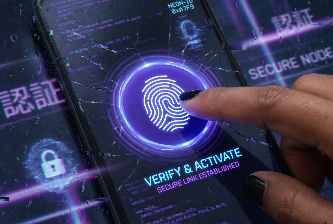 A person's hand pressing a virtual button glowing with a fingerprint icon on a smartphone screen