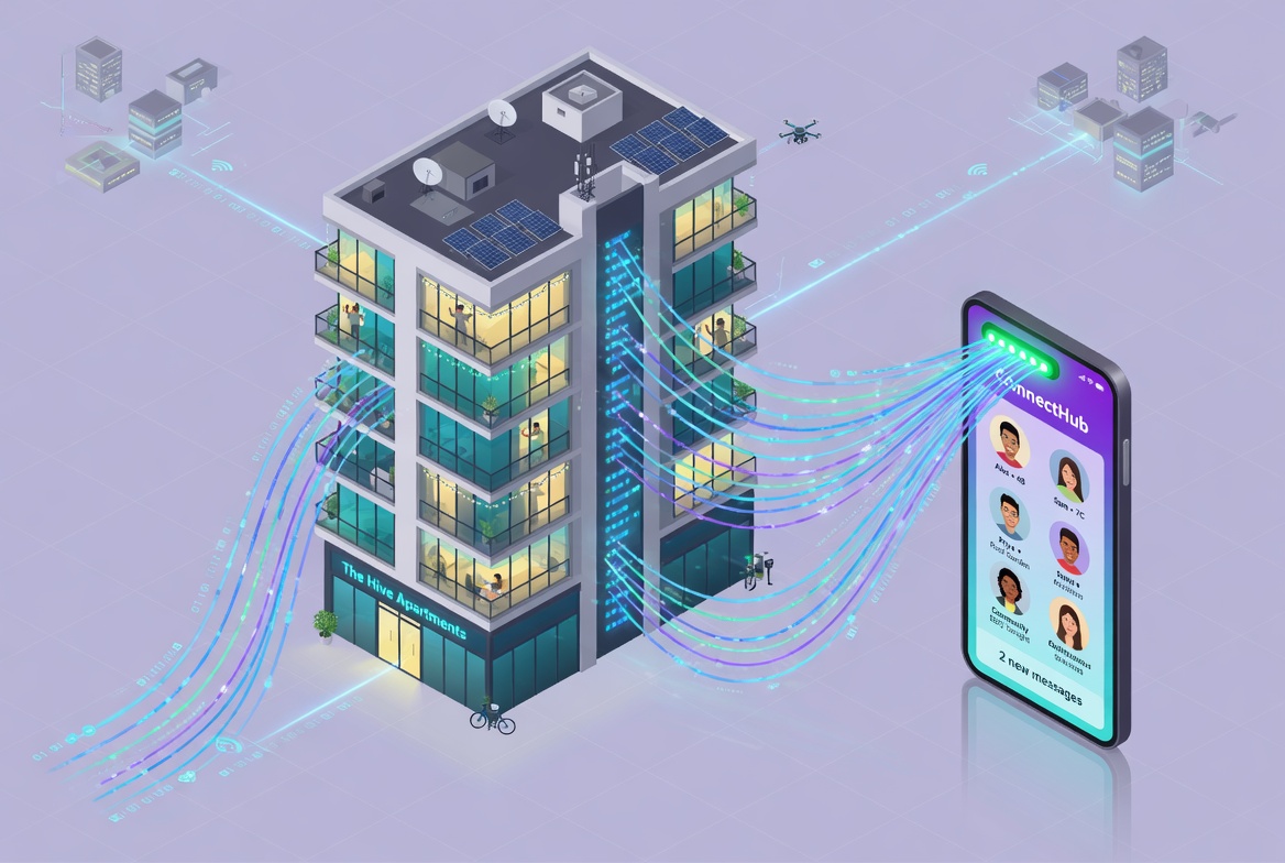An isometric 3d illustration of a modern apartment building connected by glowing data lines to a smartphone in the foreground