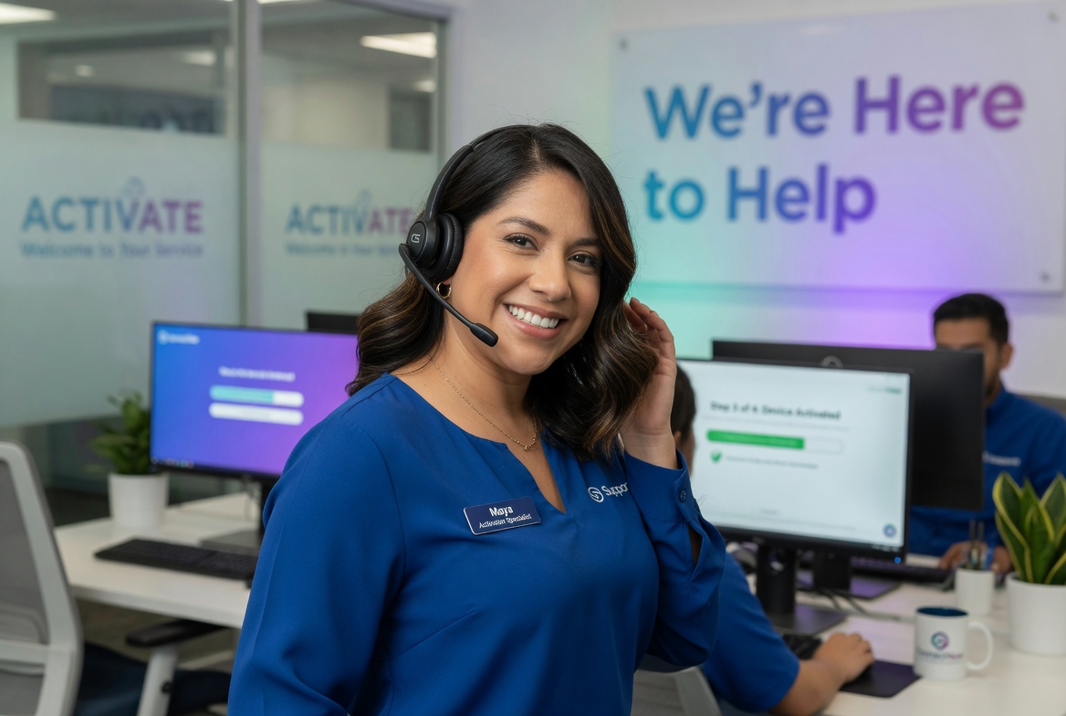 A confident, friendly female customer service representative wearing a headset