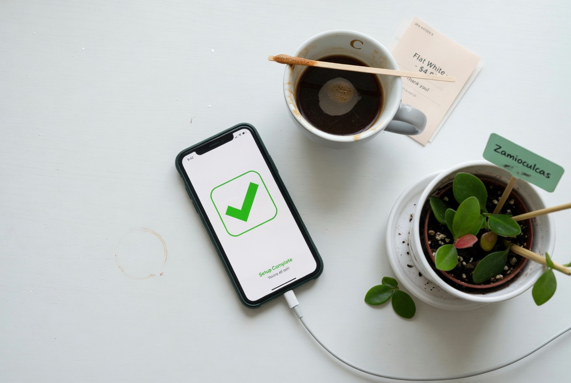 A flat lay composition on a clean white desk showing a smartphone with a green checkmark on the screen